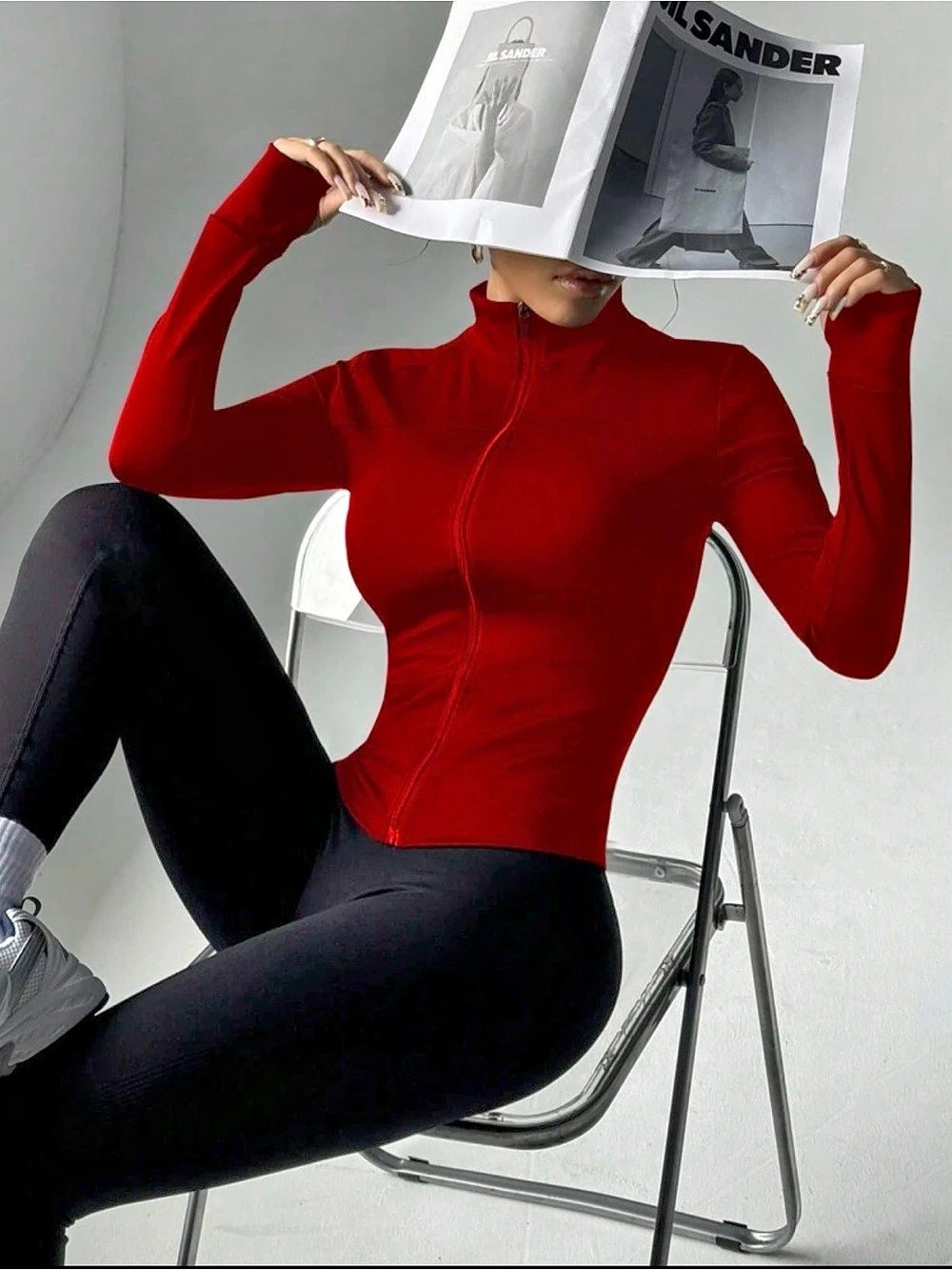 Red Long Sleeve Zip Top
